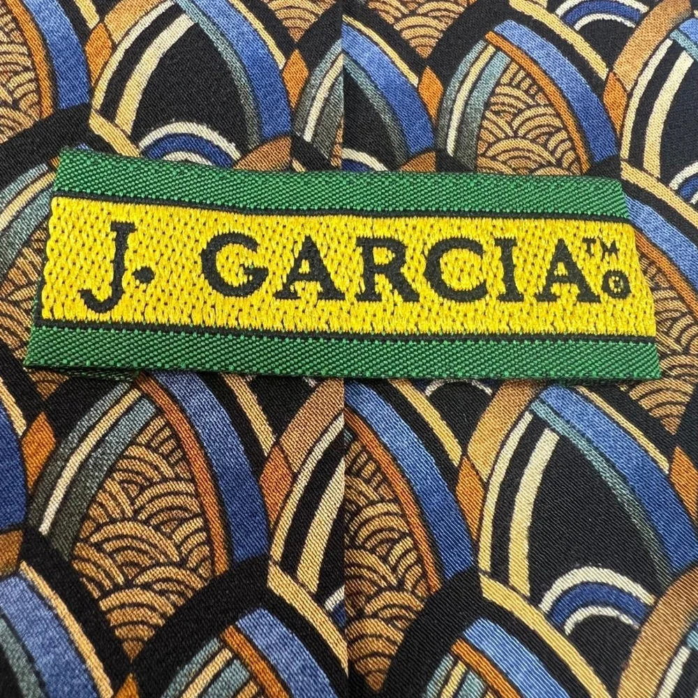 J. Garcia Art-Inspired Silk Tie Blue Gold Geometric Pattern 90s Abstract 3.75x59